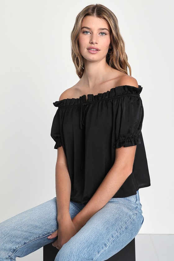 Lulus Darling Idea Black Satin Puff Sleeve Off-the-shoulder Top