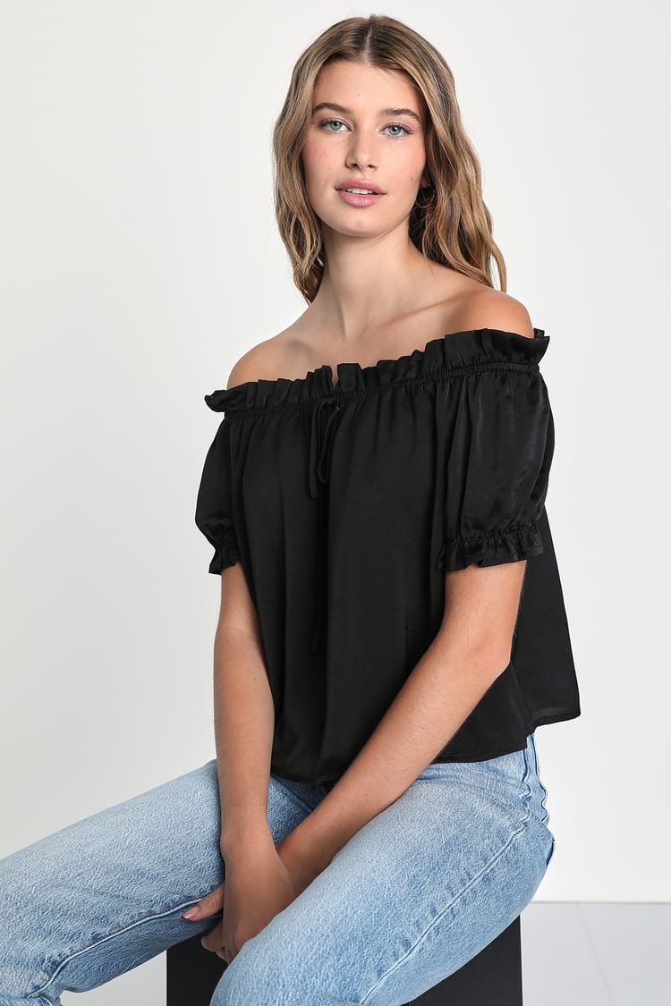 Black Satin Puff Top - Off-the-Shoulder Top - Blouse -
