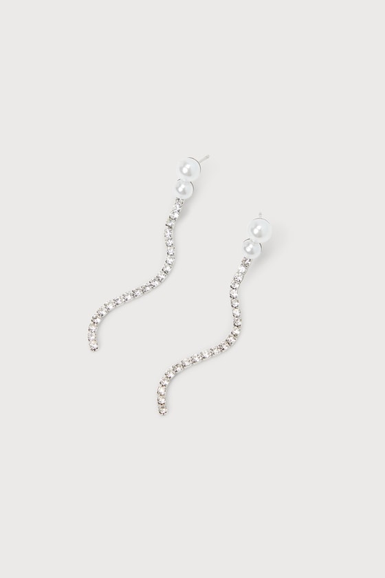 Lulus Trendy Radiance Silver Rhinestone Pearl Drop Earrings