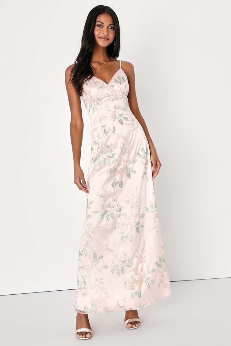 Blush Pink Floral Dress - Embroidered Maxi Dress - Satin Dress - Lulus