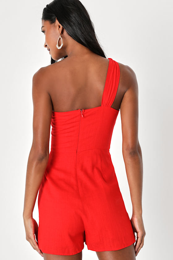 Tie and Low Red One-Shoulder Knotted Skort Romper - thumbnail 4