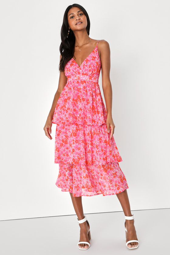 Lulus Adorable Obsession Pink Floral Print Lurex Tiered Midi Dress