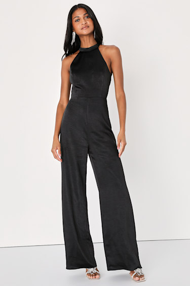 Elegant Love Black Satin Tie-Back Wide-Leg Jumpsuit