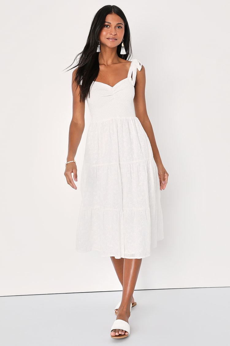 White Eyelet Dress - Embroidered Tie-Strap Dress - Midi Dress - Lulus