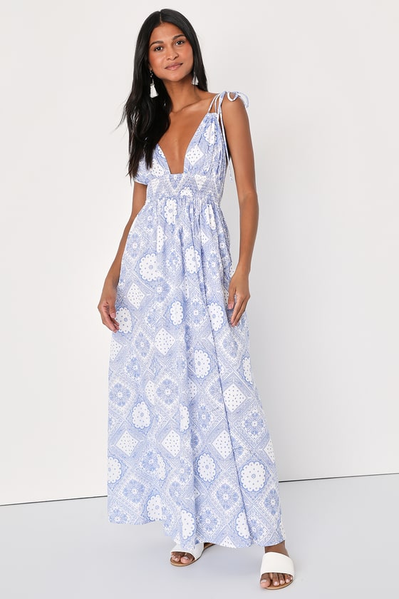 Lulus Spanish Sojourn White And Blue Paisley Tie-strap Maxi Dress
