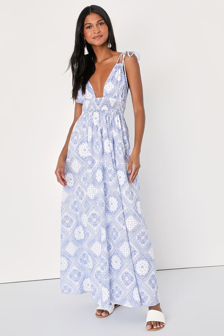 Spanish Sojourn White and Blue Paisley Tie-Strap Maxi Dress