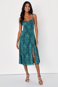 Loveliest Looks Emerald Green Jacquard Tie-Strap Midi Dress