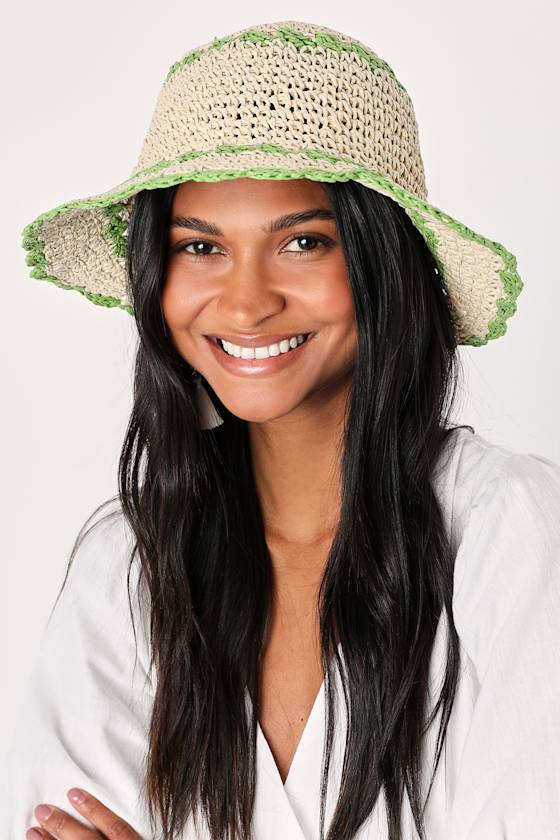 Beige and Green Woven Bucket Hat Straw Bucket Hat Sun Hat Lulus