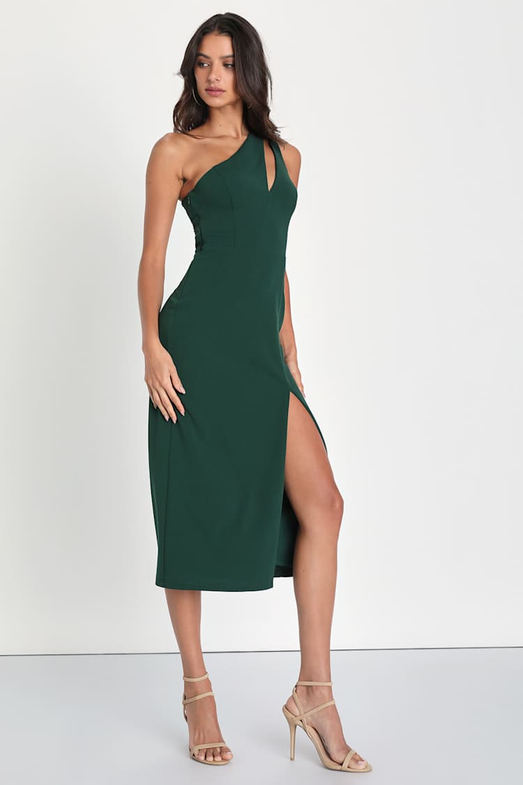 emerald green one shoulder midi dress Elliot Asymmetric One Shoulder Midi Dress in Hunter Green