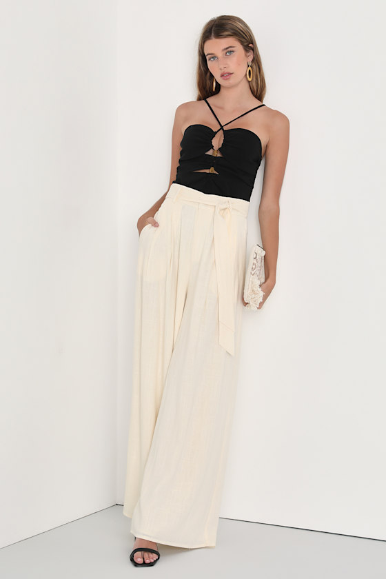 Upgraded Aura Cream Linen High-Waisted Wide Leg Pants 1