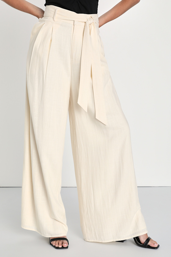 Upgraded Aura Cream Linen High-Waisted Wide Leg Pants 2