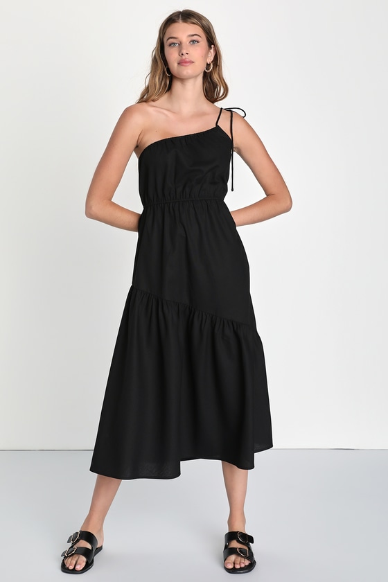 Lulus Gorgeous Instinct Black Asymmetrical One-shoulder Midi Dress