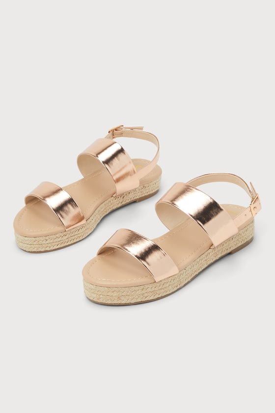 Lulus Callidora Rose Gold Metallic Raffia Flatform Sandals