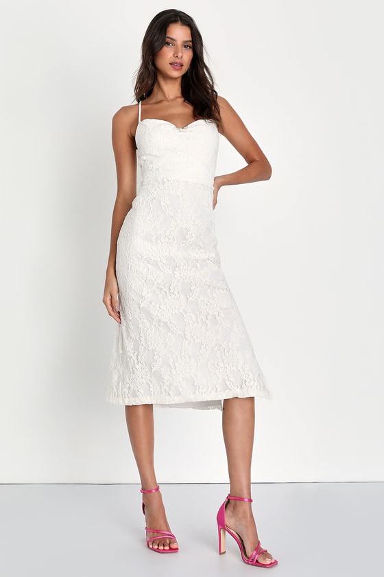 White Lace Midi Dress - White Lace Cowl Dress - Cowl Neck