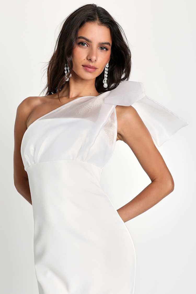 Ivory Bodycon Dress - Organza One-Shoulder Dress - Midi Dress - Lulus