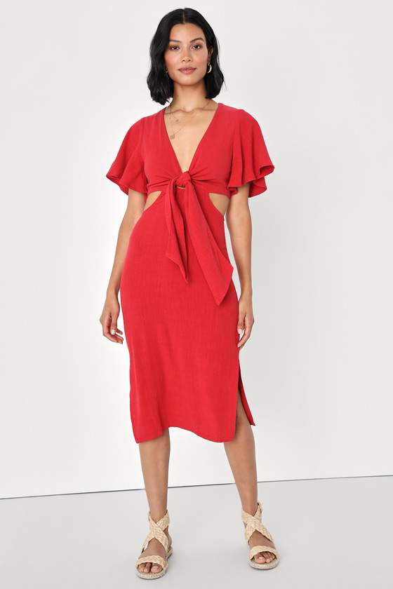Lulus Summer Journey Red Tie-front Cutout Midi Dress