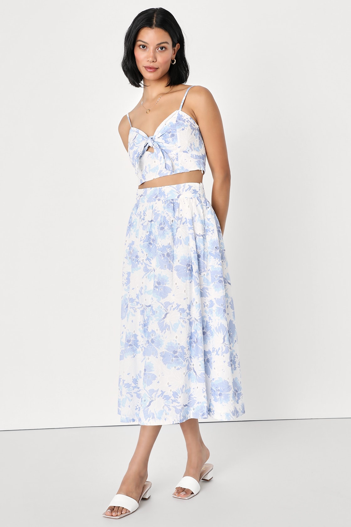 Simple Darling White and Blue Eyelet Embroidered Two-Piece Dress