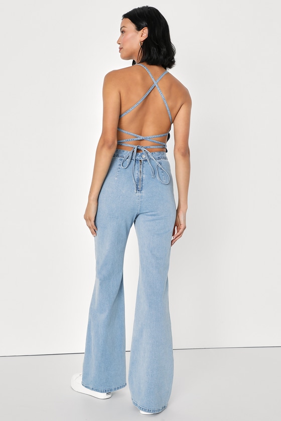 Light Wash Denim Lace-Up Jumpsuit - Backless Jumpsuit - Jumpsuit - Lulus