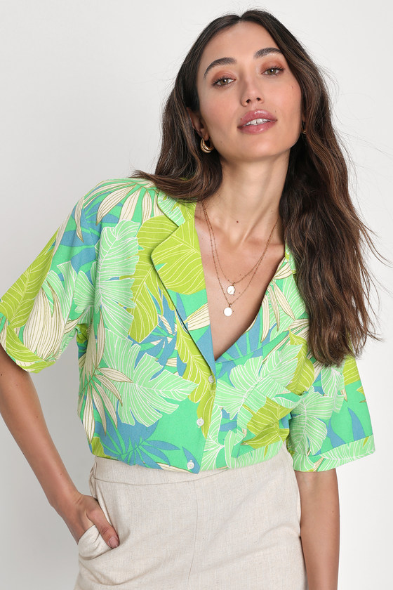 Green Tropical Print Top - Linen Button-Up - Cute Hawaiian Shirt - Lulus