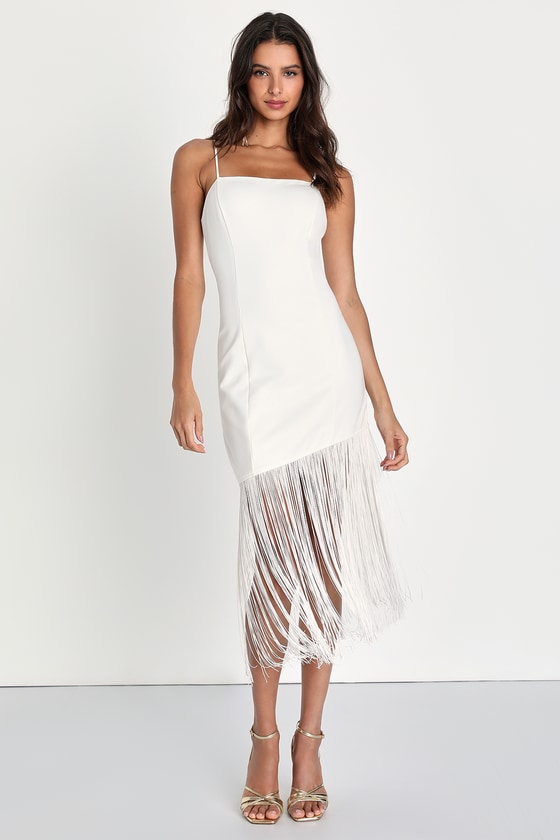 Lulus Famous Love White Sleeveless Fringe Bodycon Midi Dress
