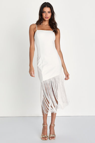 Famous Love White Sleeveless Fringe Bodycon Midi Dress