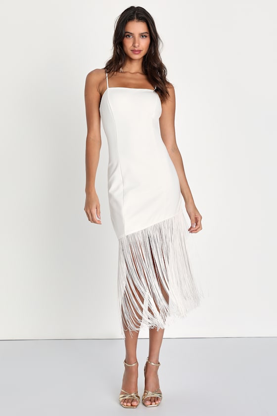Famous Love White Sleeveless Fringe Bodycon Midi Dress 6