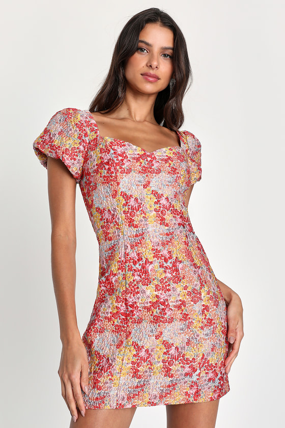 Lulus Sweetest Essence Blush Floral Jacquard Puff Sleeve Mini Dress In Pink