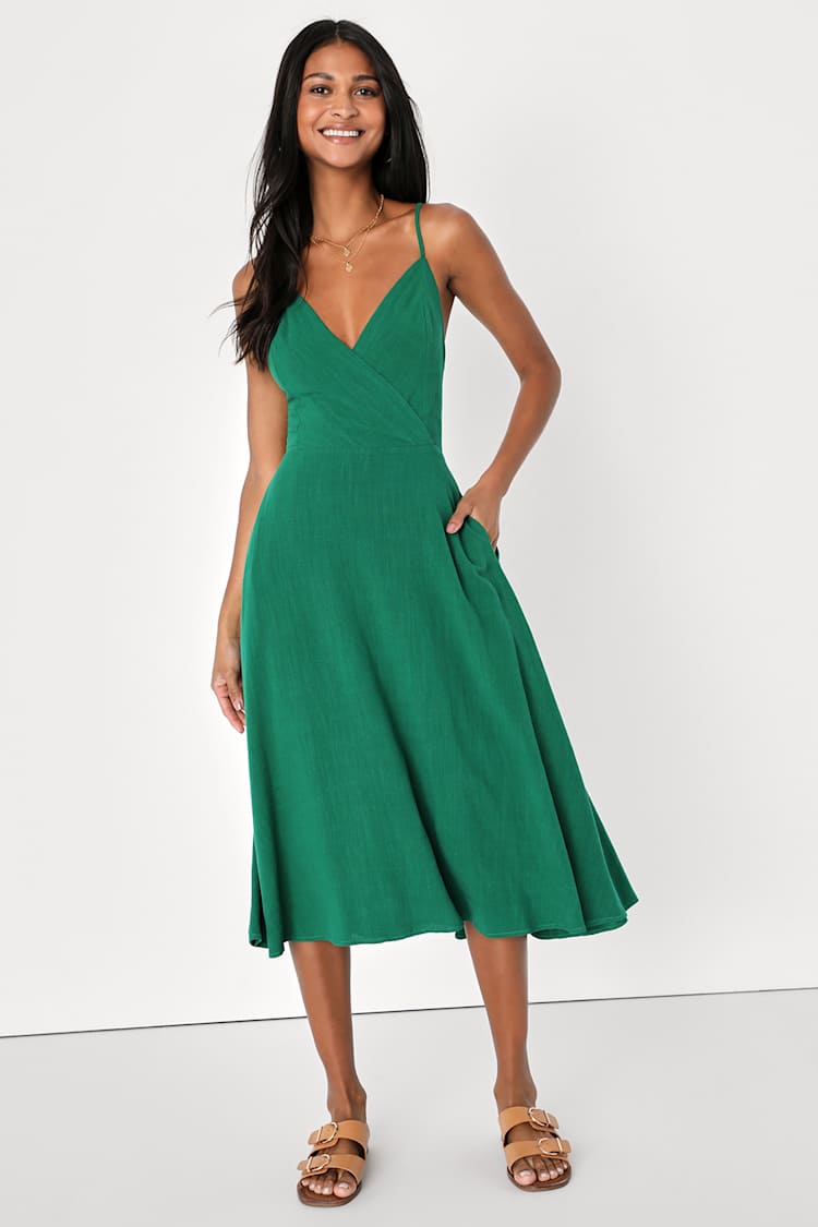 knee length dresses for ladies Green Linen Belted Midi Dress – JO+CO main image 1