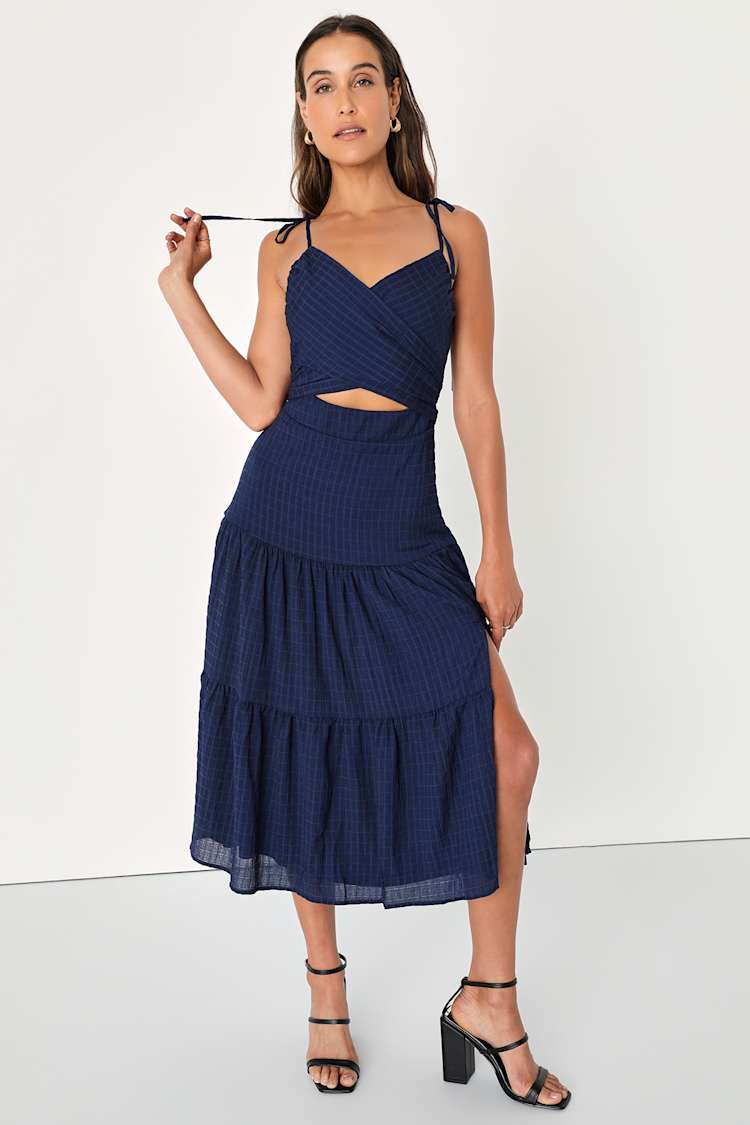 Navy Blue Dress - Tiered Cutout Dress - Wrap Bodice Midi Dress - Lulus
