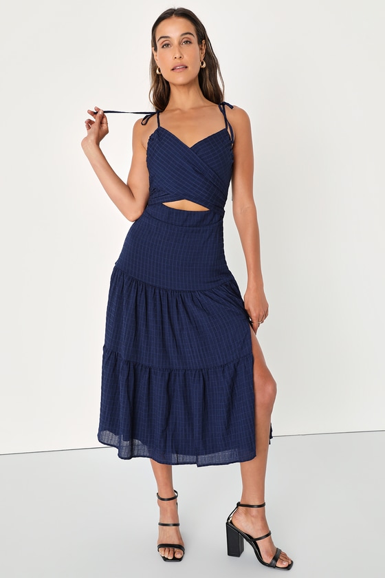 Navy Blue Dress - Tiered Cutout Dress - Wrap Bodice Midi Dress - Lulus