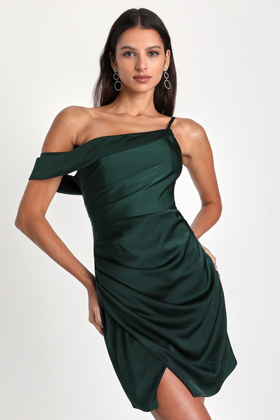 Lulus Magnificent Magic Emerald Green Satin Asymmetrical Mini Dress In Emerald Green