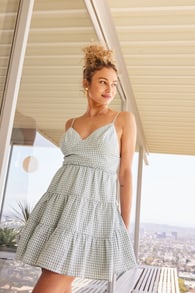 Pretty Picnic Sage Green Gingham Tiered Tie-Back Skater Dress