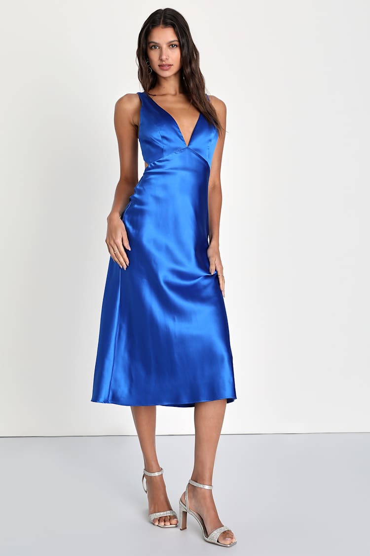 formal royal blue midi dress Royal Blue Spaghetti Strap Side Slit Twist Front Bodycon Midi Dress main image 1
