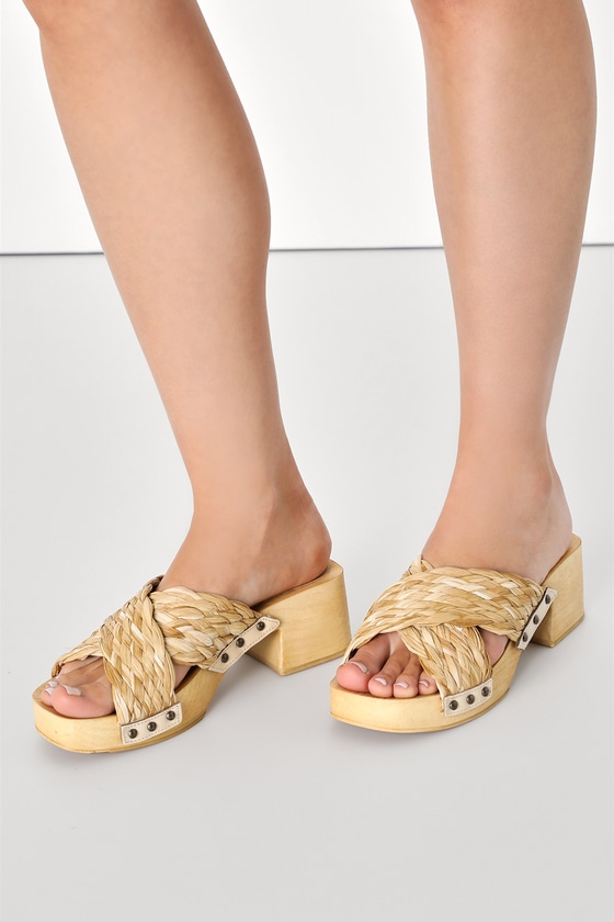 SEYCHELLES WARM WATERS NATURAL RAFFIA WOODEN PLATFORM SLIDE SANDALS