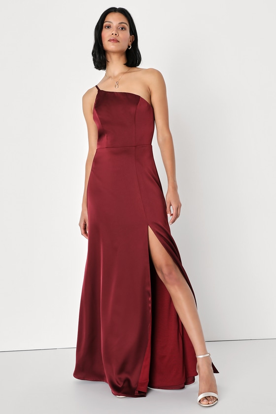 Wine Red Maxi Dress - Satin Maxi Dress - Red One-Shoulder Dress - Lulus