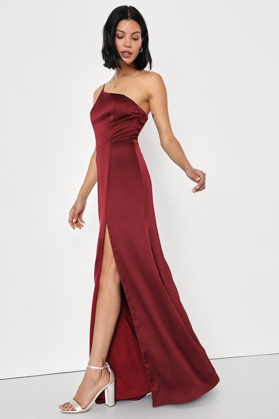 Wine Red Maxi Dress - Satin Maxi Dress - Red One-Shoulder Dress - Lulus