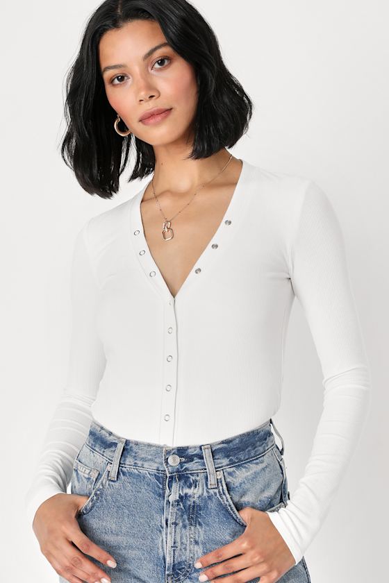 White Ribbed Bodysuit SnapFront Top Long Sleeve Bodysuit Lulus