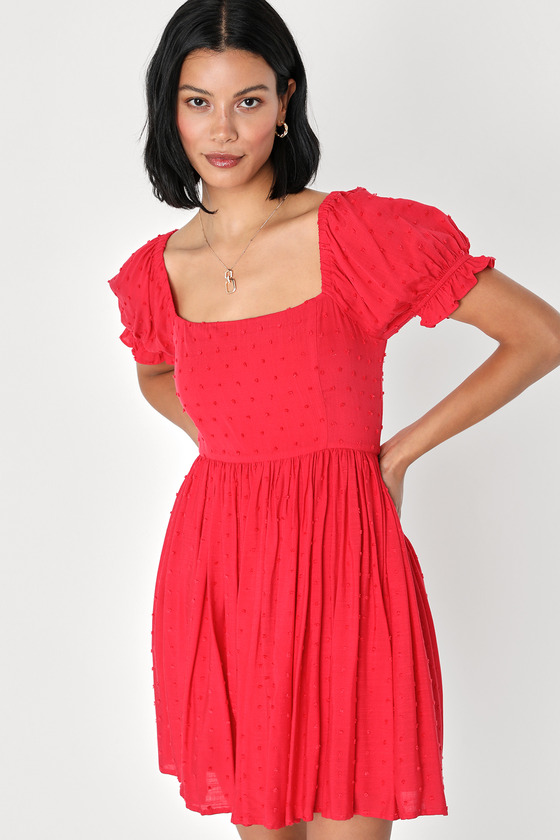 Red Puff Sleeve Dress - Swiss Dot Mini Dress - Skater Dress - Lulus