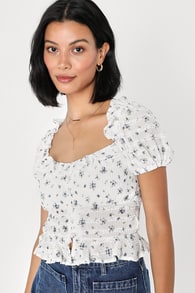 Charismatic Look Ivory Floral Print Ruffled Puff Sleeve Top