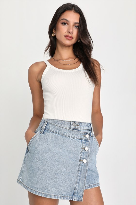 Light Wash Denim Skirt - Denim Wrap Skort - Denim Skort - Lulus