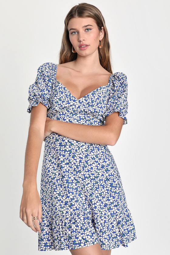 Blue Mini Dress - Floral Mini Dress - Puff Sleeve Dress - Lulus