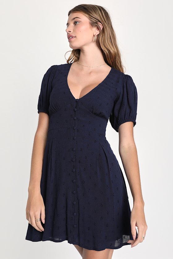 Navy Blue Swiss Dot Dress - Puff Sleeve Mini Dress - Skater