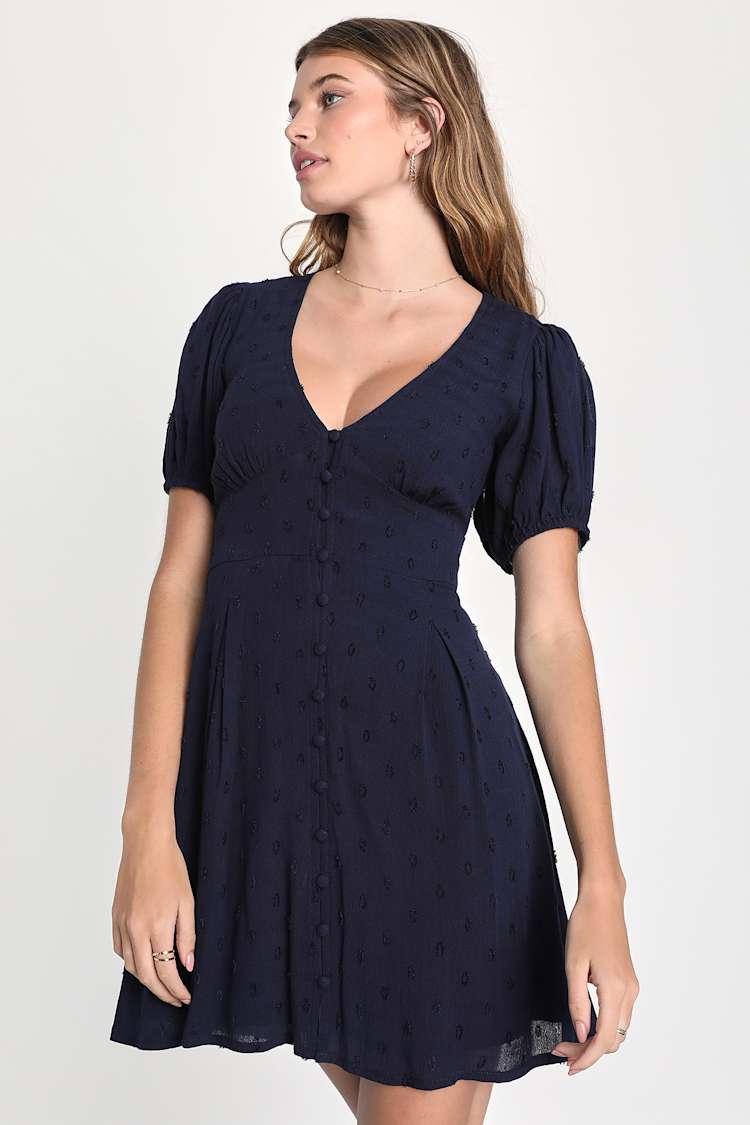 Navy Blue Swiss Dot Dress - Puff Sleeve Mini Dress - Skater Dress - Lulus