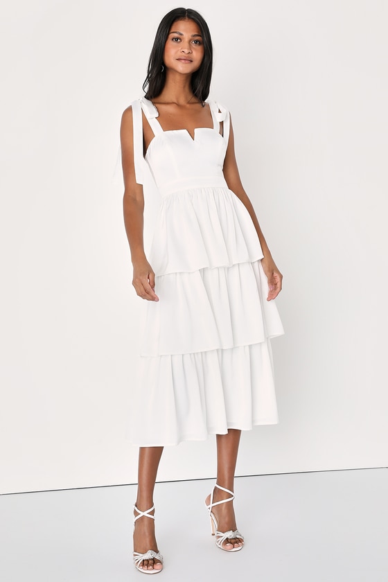Essential Romance White Satin Tie-Strap Tiered Midi Dress