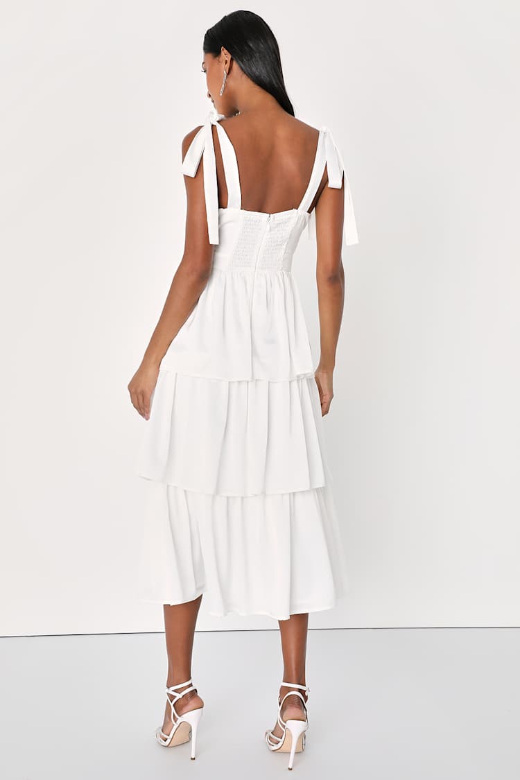 Essential Romance White Satin Tie-Strap Tiered Midi Dress