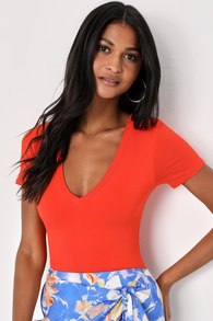 Decidedly Cute Red Orange Short Sleeve V-Neck Bodysuit