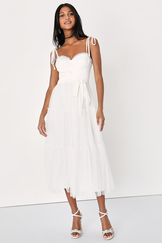 White Mesh Dress - Whiter Swiss Dot Dress - White Tie-Strap