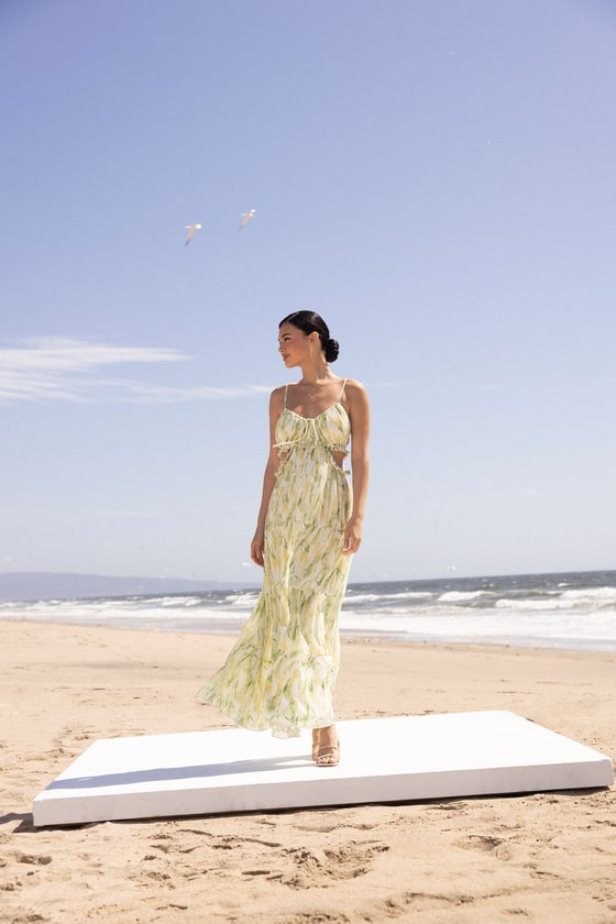 Darling Moment Ivory Floral Tiered Ruffled Cutout Maxi Dress