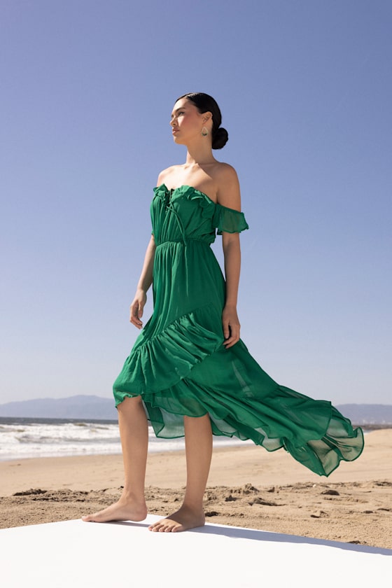 Stylish Celebration Green Off-the-Shoulder High-Low Dress 1