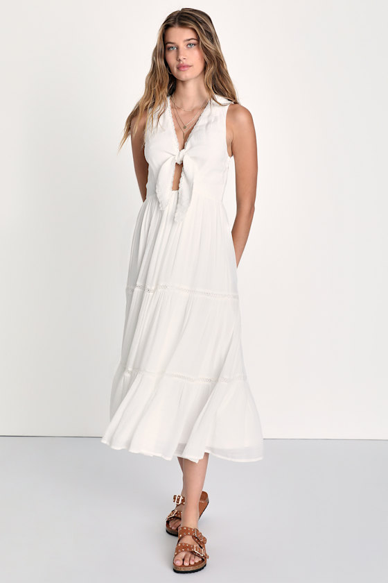 Lulus Lively Radiance White Tie-front Tiered Midi Dress ModeSens